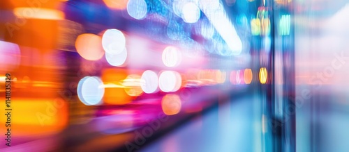 Abstract blurred background of a vibrant trade show showcasing innovation and networking opportunities in a modern exhibition hall photo