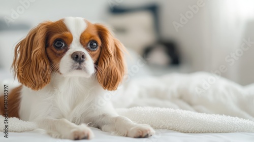 Cavalier King Charles Spaniel resting on a soft blanket in a bright airy room with a minimalist white background