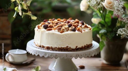 Almond cake topped with dried raisins and nuts beautifully arranged on a decorative cake stand with fresh flowers in the background