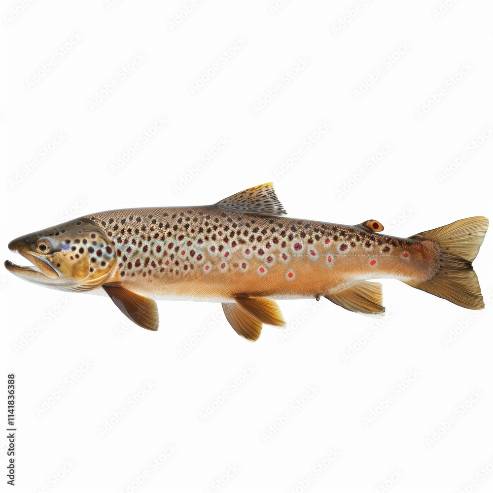 a fish, specifically a brown trout. It has a streamlined body with a brownish color that fades to a lighter shade on its belly. The fish is covered in dark spots, which are more concentrated on its up a fish, specifically a brown trout. It has a streamlined body with a brownish color that fades to a lighter shade on its belly. The fish is covered in dark spots, which are more concentrated on its up