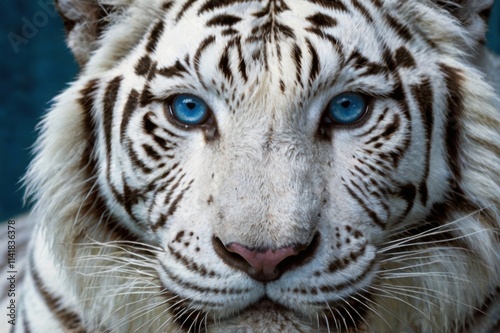 Close-up of a white tiger’s face, focusing on its piercing sapphire-blue eyes. photo