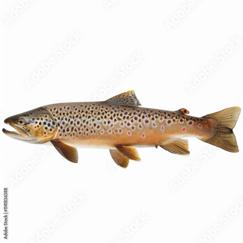 a fish, specifically a brown trout. It has a streamlined body with a brownish color that fades to a lighter shade on its belly. The fish is covered in dark spots, which are more concentrated on its up