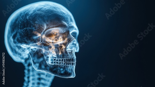 A translucent skull is displayed against a dark background, highlighting its intricate structure and details.