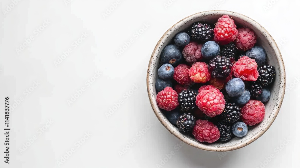 Small ceramic bowl overflowing with an assortment of fresh raspberries, blueberries, and blackberries on a neutral background. Small ceramic bowl overflowing with an assortment of fresh raspberries, blueberries, and blackberries on a neutral background.