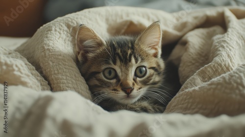 Adorable small kitten snuggled in a cozy blanket on a bed creating a heartwarming and peaceful atmosphere