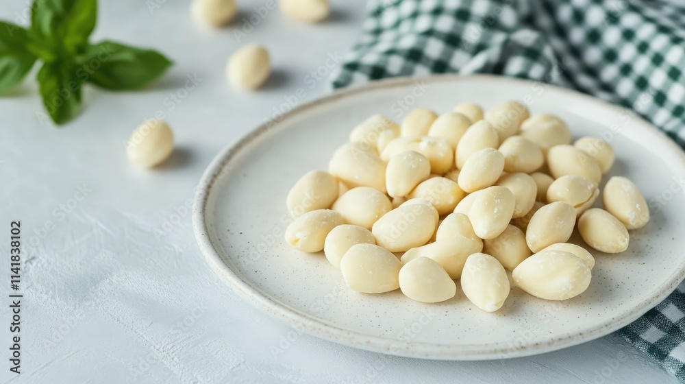 Almonds coated in white chocolate on a plate with green and white checkered fabric background showcasing delicious confectionery treats. Almonds coated in white chocolate on a plate with green and white checkered fabric background showcasing delicious confectionery treats.