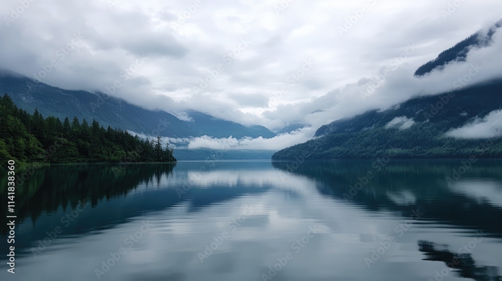Serene lake landscape under overcast skies reflecting mountains and trees in calm waters Serene lake landscape under overcast skies reflecting mountains and trees in calm waters