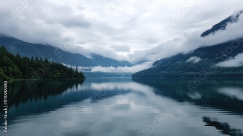 Wallpaper Mural Serene lake landscape under overcast skies reflecting mountains and trees in calm waters Torontodigital.ca
