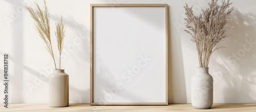 Modern poster frame mockup in a contemporary kitchen setting with decorative vases and natural elements showcasing minimalistic design.