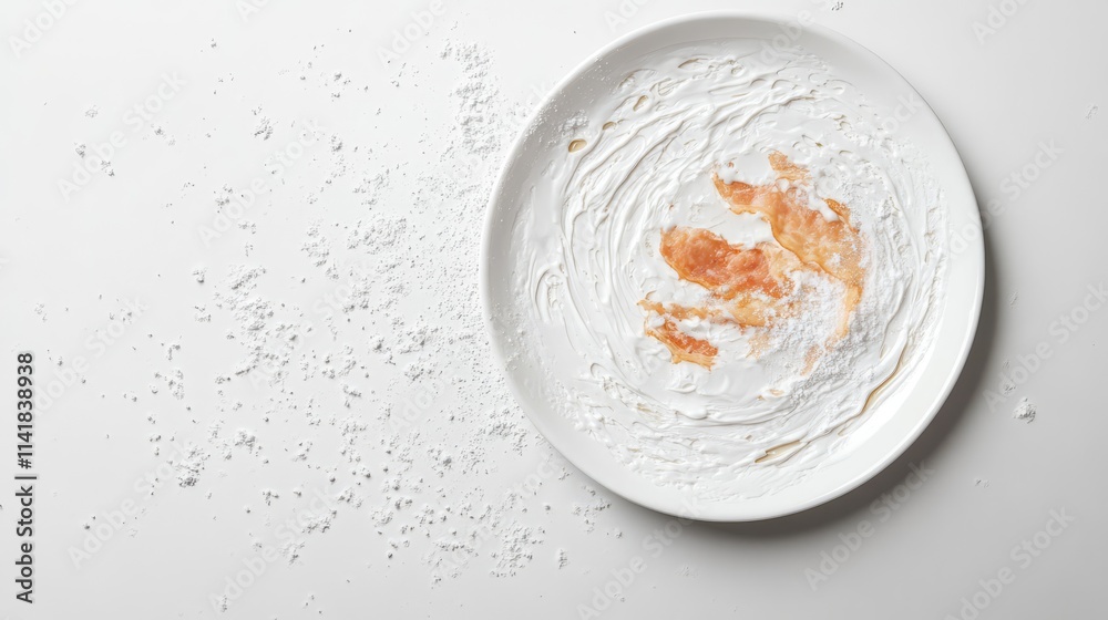 Bacon remnants on a white plate with scattered crumbs on a clean white background Bacon remnants on a white plate with scattered crumbs on a clean white background