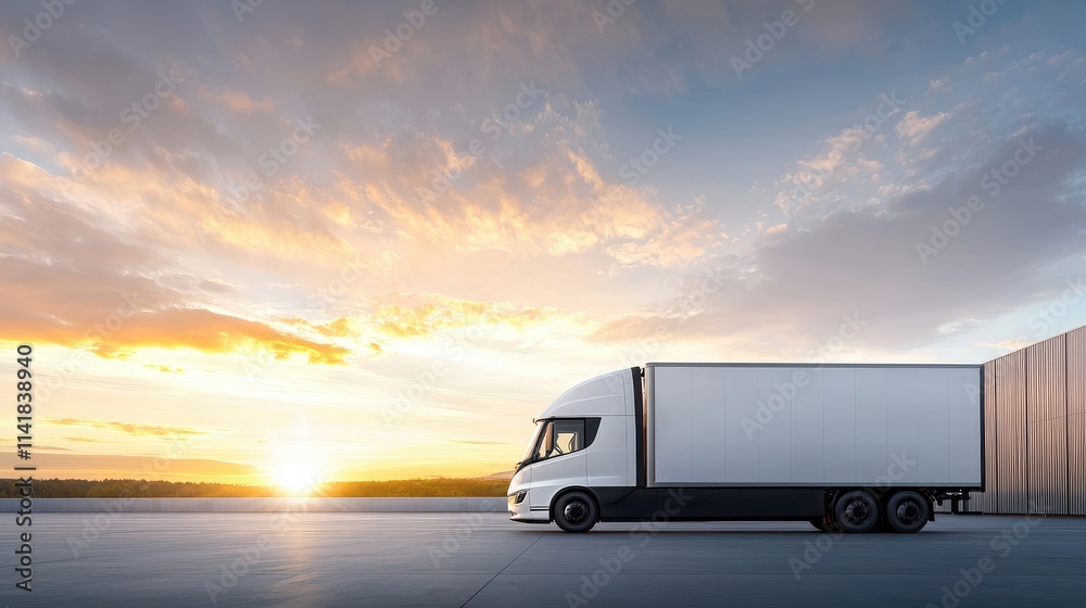 Modern Electric Truck at Sunset on Industrial Landscape Modern Electric Truck at Sunset on Industrial Landscape