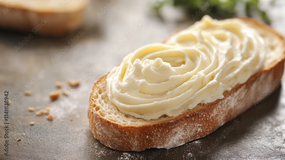 Baguette slice topped with creamy cheese swirl on rustic background perfect for food photography and culinary concepts Baguette slice topped with creamy cheese swirl on rustic background perfect for food photography and culinary concepts