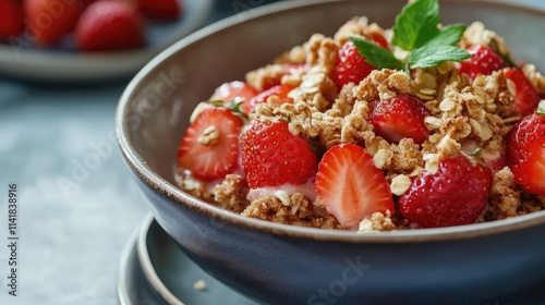 Delicious almond sponge dessert topped with fresh strawberries and a crunchy crumble served in a stylish bowl with mint garnish