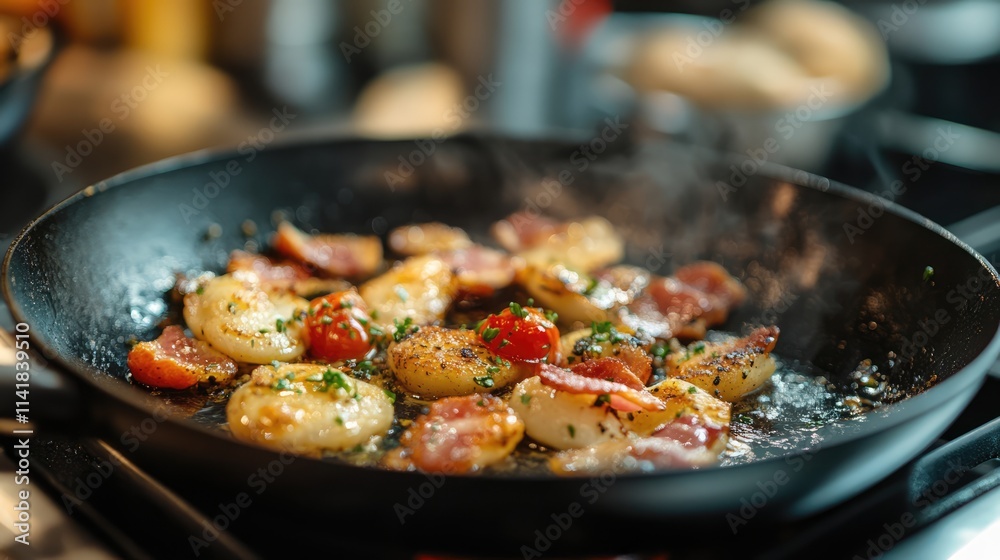 Savory Bacon and Vegetables Sizzling in Skillet with Aromatic Herbs and Steaming Grease