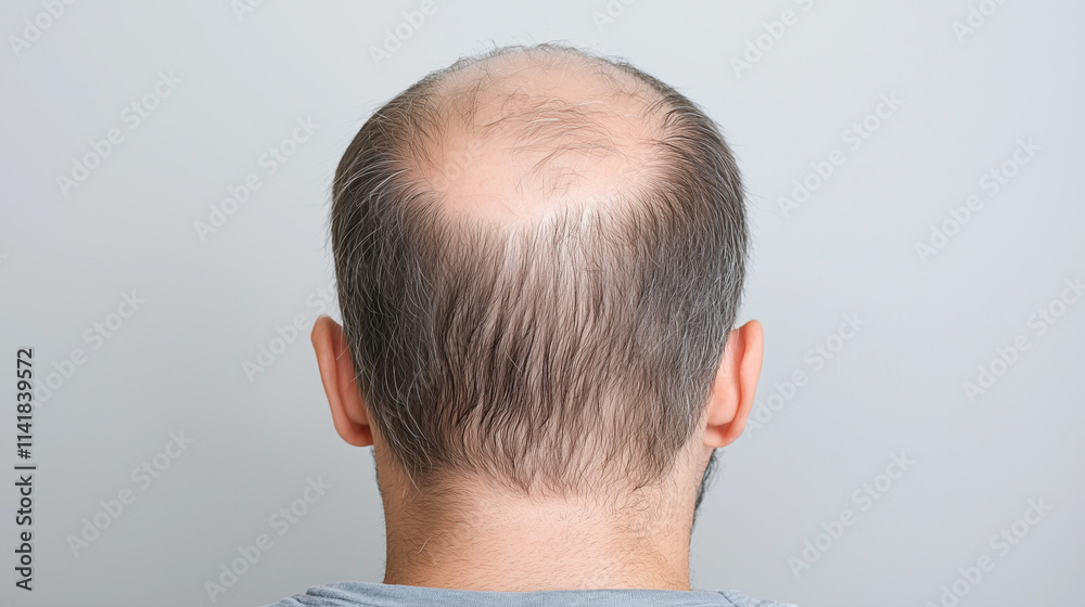 Male Bald Head: Close-up shot of a man's bald head, showcasing the receding hairline and thinning hair. The image depicts the common experience of hair loss. Male Bald Head: Close-up shot of a man's bald head, showcasing the receding hairline and thinning hair. The image depicts the common experience of hair loss.