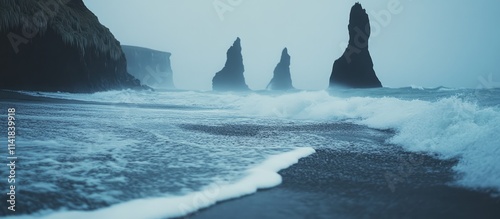 Blurred ocean waves create a serene coastal scene highlighting dramatic rock formations and enhancing natural beauty and tranquility. photo