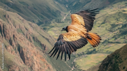 Bearded vulture soaring elegantly over rugged mountain terrain with expansive wingspan against a breathtaking landscape backdrop photo