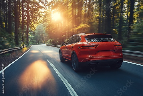 Red car driving on the panoramic road landscape in sunset. it's nice to drive on the beach side highway. Highway view on the coast on the way to summer vacation. Turkey trip on beautiful travel road.