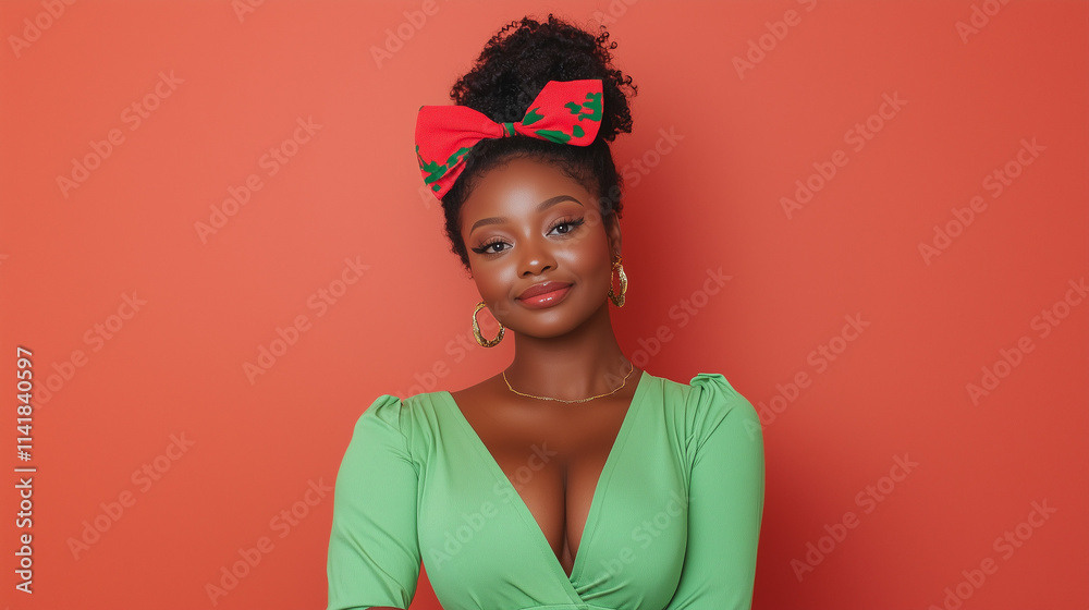 Confident Woman in Green Dress with Red Bow Headband 