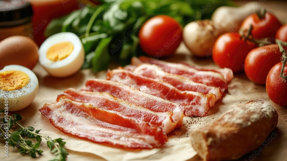 Breakfast spread featuring crispy bacon, fresh vegetables, boiled eggs, and bread arranged on paper for a healthy morning meal concept. Breakfast spread featuring crispy bacon, fresh vegetables, boiled eggs, and bread arranged on paper for a healthy morning meal concept.