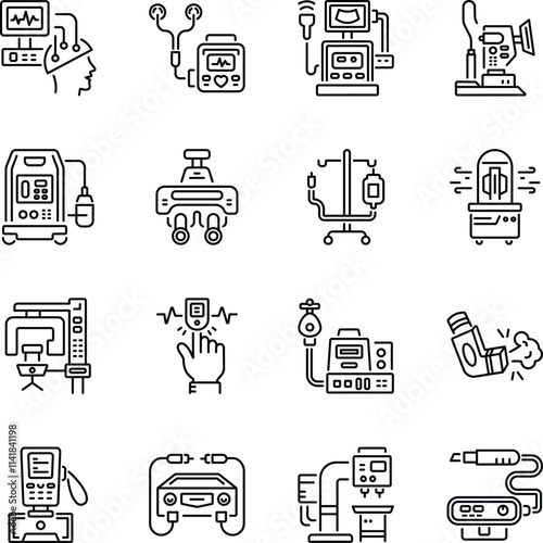 Set of Medical Machines Linear Style Icons 