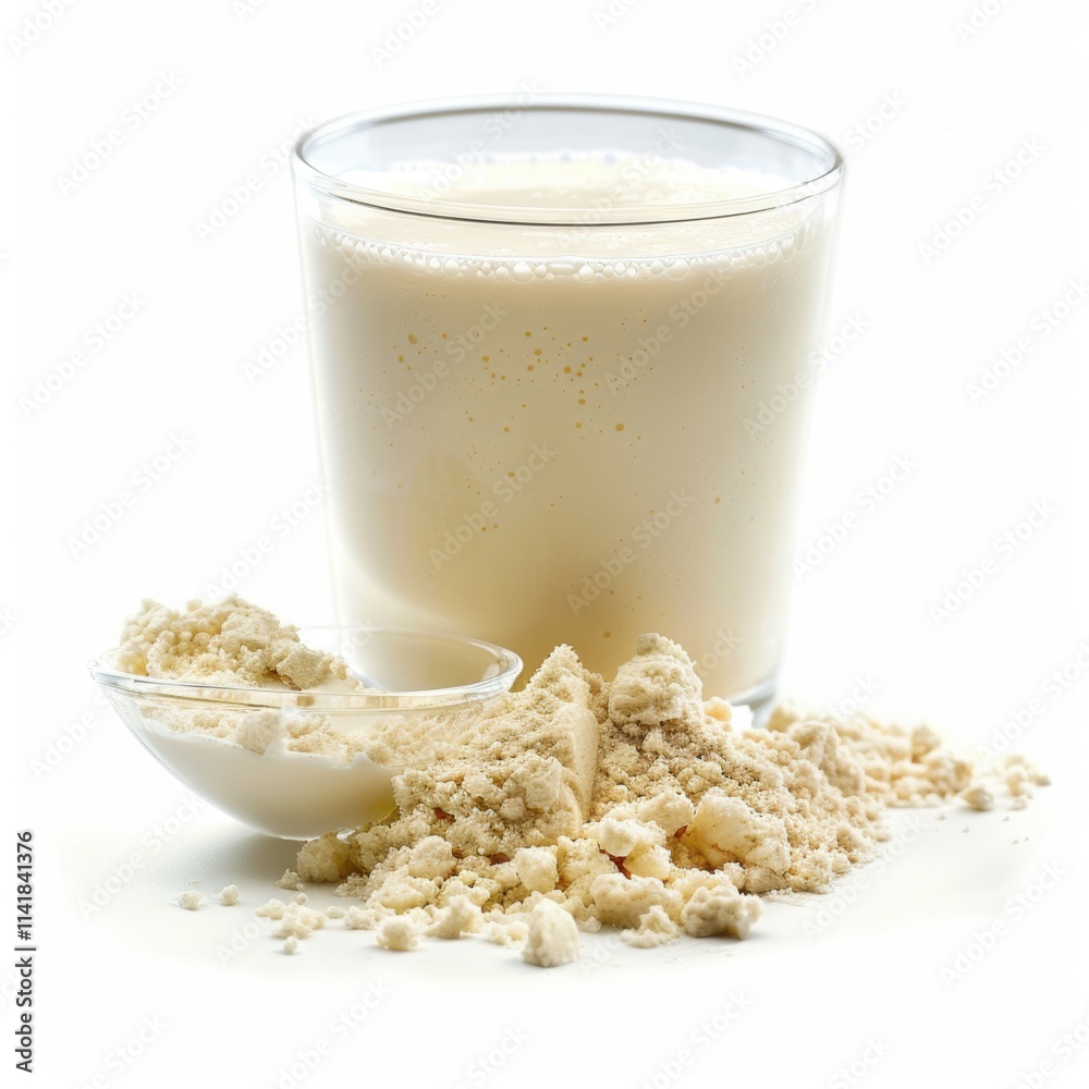 a glass filled with a creamy, light beige liquid, likely a protein shake or smoothie. In front of the glass, there is a small pile of beige powder, which appears to be protein powder a glass filled with a creamy, light beige liquid, likely a protein shake or smoothie. In front of the glass, there is a small pile of beige powder, which appears to be protein powder