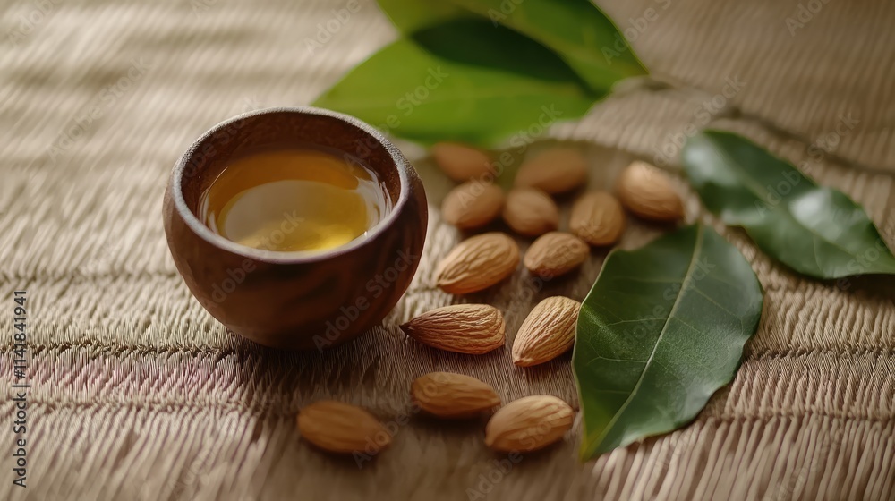 Almond oil in a wooden bowl with raw almonds and green leaves on a textured surface for natural health and wellness concept Almond oil in a wooden bowl with raw almonds and green leaves on a textured surface for natural health and wellness concept