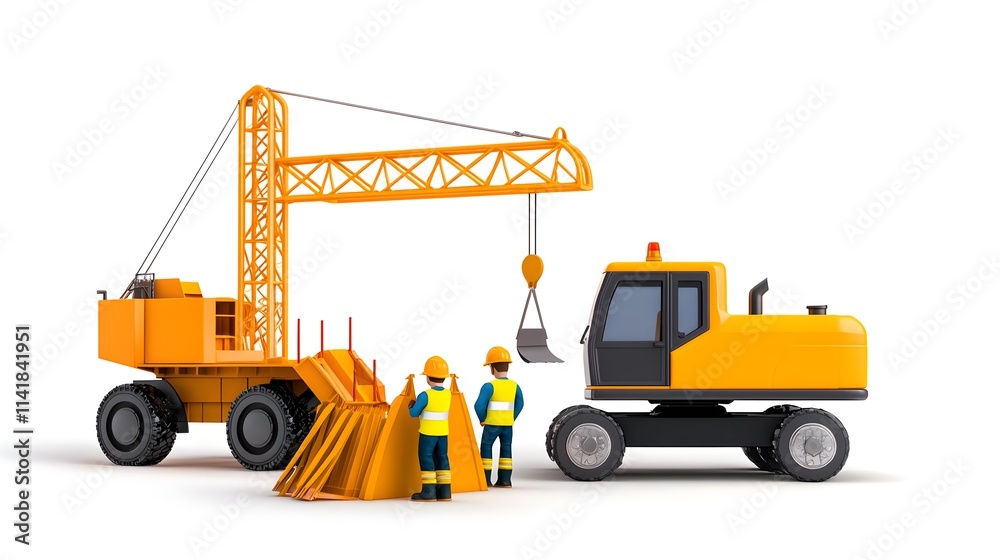 Construction Scene with Yellow Crane and Workers on White Background Construction Scene with Yellow Crane and Workers on White Background