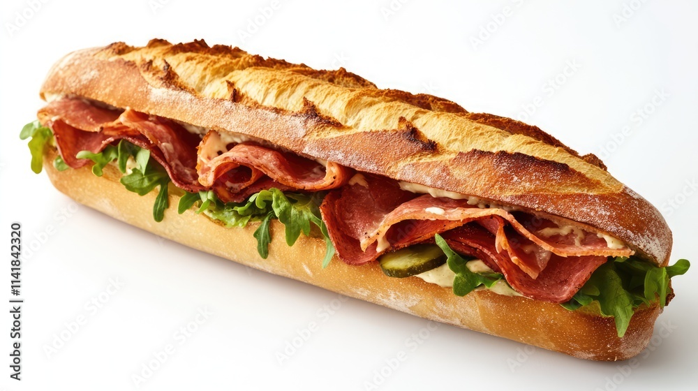 Gourmet Baguette Sandwich Filled with Fresh Ingredients and Meats on a White Background Gourmet Baguette Sandwich Filled with Fresh Ingredients and Meats on a White Background