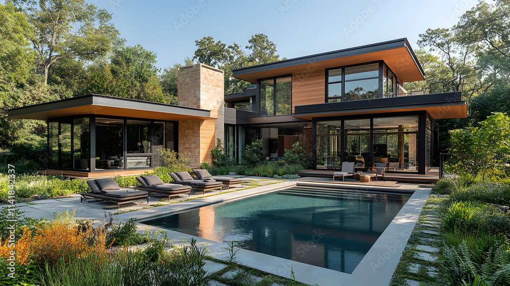 Fototapeta premium A detailed photography capturing a stylish home with bold, contemporary architecture, large outdoor patios, a vibrant garden with decorative pathways, and a serene pool reflecting the clear blue sky.