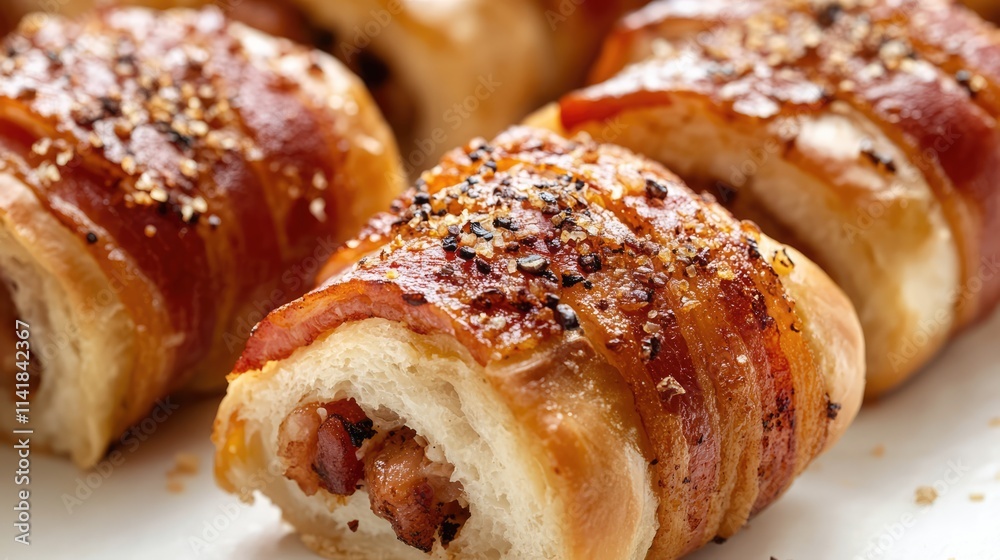 Delicious bacon rolls beautifully presented on a white background showcasing rich textures and appetizing details.