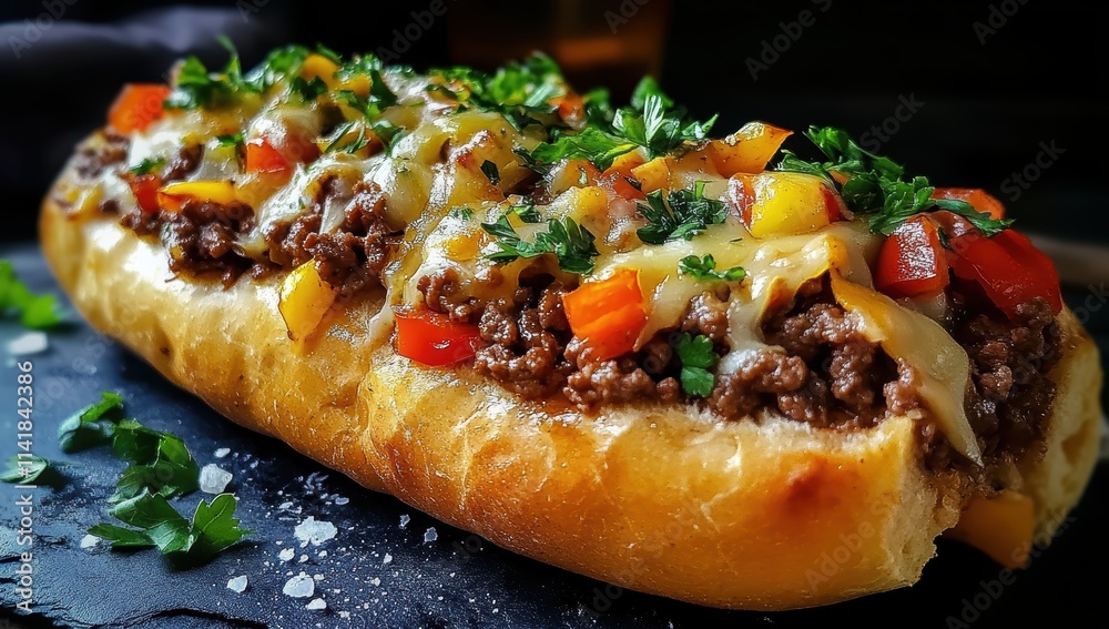 A delicious stuffed bread with ground beef, cheese, and vegetables A delicious stuffed bread with ground beef, cheese, and vegetables