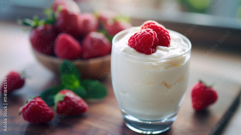 a glass filled with creamy yogurt, topped with a few fresh raspberries. In the background, there is a wooden bowl filled with more raspberries, and a few scattered raspberries and green leaves a glass filled with creamy yogurt, topped with a few fresh raspberries. In the background, there is a wooden bowl filled with more raspberries, and a few scattered raspberries and green leaves