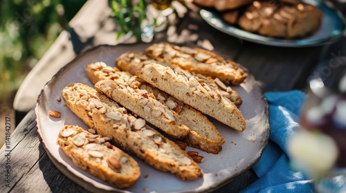 Almond biscotti served on a rustic outdoor table with natural greenery backdrop and soft sunlight enhancing the inviting atmosphere