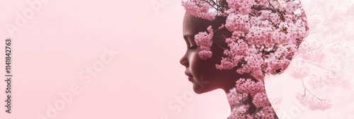 Double exposure portrait of a girl and cherry blossoms.
