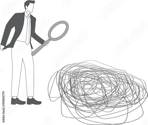 Problem finding and solving, trouble and solution, looking for the cause of emotional stress and upset mood, businessman holding magnifying glass to find question mark from messy tangled wad of thread