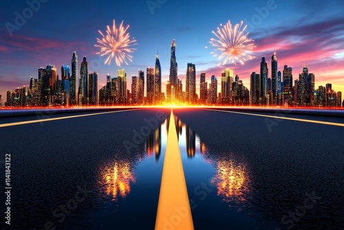 A 3D-rendered scene of fireworks reflecting off a futuristic glass city, with bright neon explosions in the sky photo