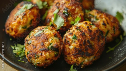 Spiced gramflour dumplings with cabbage and herbs beautifully presented on a dark plate garnished with fresh cilantro