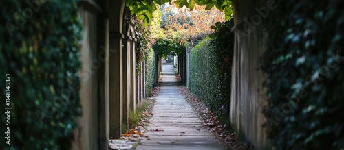 Narrow pathway surrounded by greenery and elegant architecture inviting exploration and tranquility in a serene outdoor environment. photo