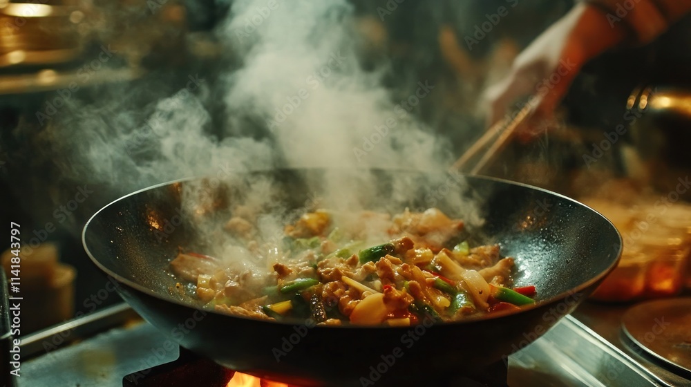 Wok of steaming stir-fry with meat and vegetables. Wok of steaming stir-fry with meat and vegetables.