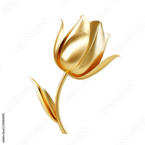 Golden flower. Golden metallic tulip isolated on a transparent background.