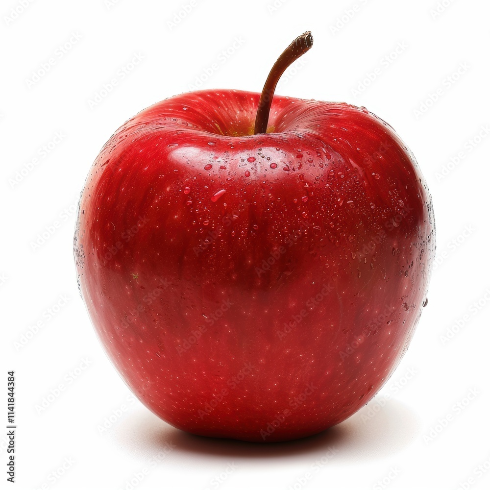 a shiny red apple with a smooth surface and a small brown stem at the top. The apple is round and appears fresh, with tiny droplets of water on its surface, suggesting it has been recently washed a shiny red apple with a smooth surface and a small brown stem at the top. The apple is round and appears fresh, with tiny droplets of water on its surface, suggesting it has been recently washed