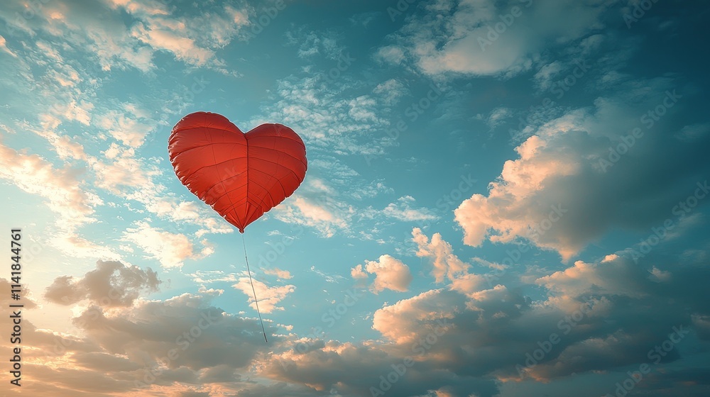 Fototapeta premium Red heart-shaped balloon floating in a cloudy sky