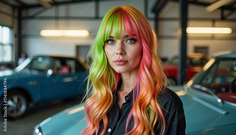 Unusual fashion statement shines with vibrant hair colors inside a vintage car showroom Unusual fashion statement shines with vibrant hair colors inside a vintage car showroom