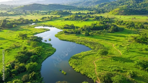 Wallpaper Mural Serene hiking trails in a lush natural park landscape overlooking a tranquil river and verdant hills Torontodigital.ca