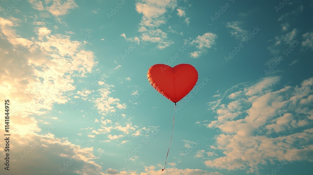 Fototapeta premium Red heart balloon in blue sky with clouds