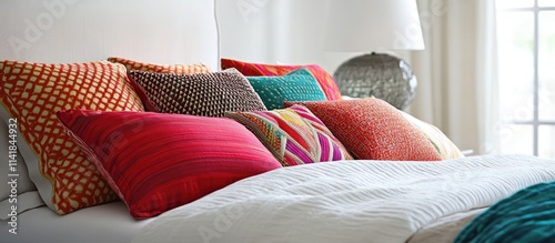 Cozy bedroom scene featuring vibrant decorative pillows on a neatly made bed with soft lighting creating a warm and inviting atmosphere photo