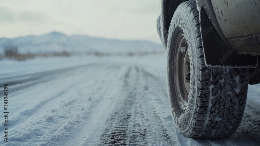 Naklejka premium a truck driving down a snowy road with a mountain in the background
