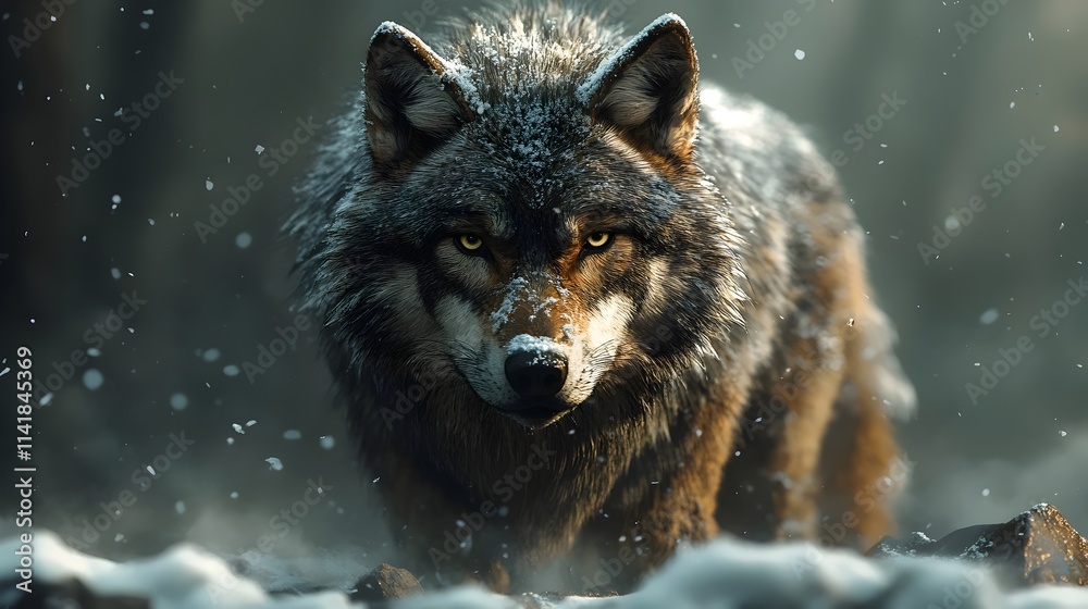 A wolf is standing in the snow with its head held high A wolf is standing in the snow with its head held high