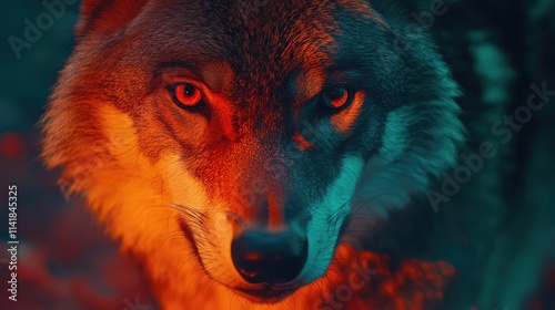 Majestic wolf close-up showcasing intense gaze and vibrant colors exuding tranquility and confidence in its natural habitat photo